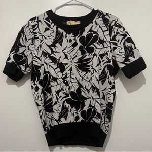 Michael Kors, black and white floral cotton blend knit sweater